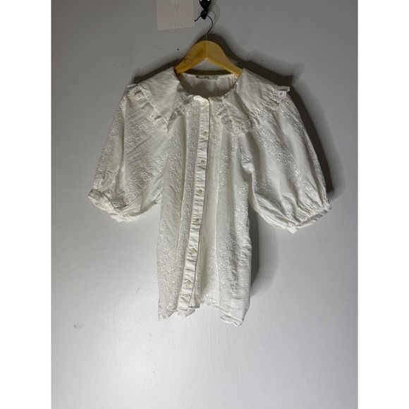 Mango Tops - Mango MNG White Eyelet Embroidered Peter Pan Collar Puff Sleeve Blouse Size 4